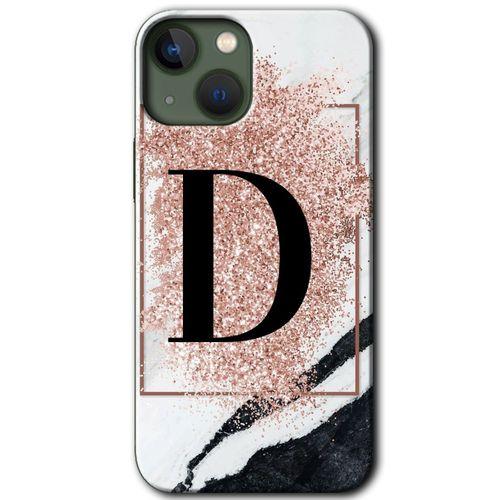 MRCİLETİSİM iPhone 13 Mini Kılıf Baskılı Kapak - Pembe Mermer Desenli D Harfi + 5D Tam Kaplayan Cam
