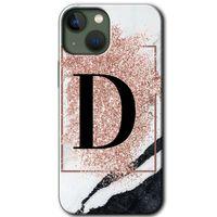 MRCİLETİSİM iPhone 13 Mini Kılıf Baskılı Kapak - Pembe Mermer Desenli D Harfi + 5D Tam Kaplayan Cam