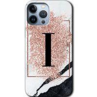 iPhone 13 Pro Kılıf HD Desen Baskılı Arka Kapak - Pembe Mermer Desenli I Harfi + Kırılmaz Cam