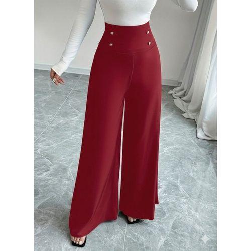 Kadın Yüksek Bel Düğmeli Geniş Paçalı Ithal Krep Pantolon