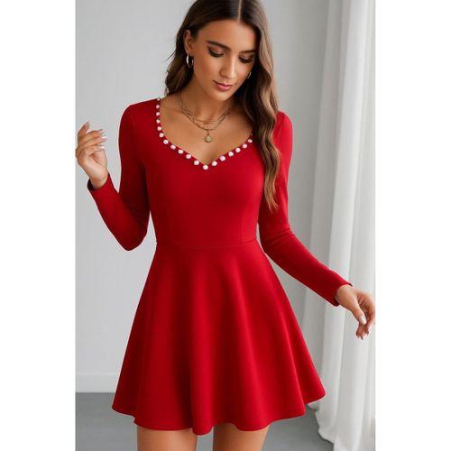 Kadın Uzun Kollu Inci Yakalı Kısa Ithal Krep Elbise