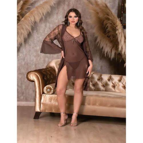 Leopar Desenli Transparan Dantel İşlemeli Tül Yırtmaçlı 2'li Gecelik Takımı