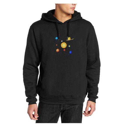 Gezegenler Baskılı Siyah Erkek Kapşonlu Sweatshirt