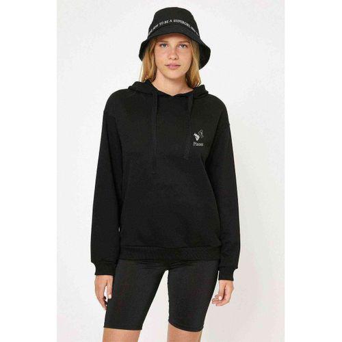 Balık Burcu Baskılı Siyah Kadın Kapşonlu Sweatshirt