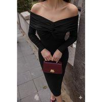 Kadın Uzun Kollu Madonna Yaka Düğüm Büzgü Detay Maxi Boy Elblbise