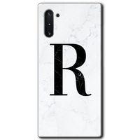 Galaxy Note 10 Kılıf HD Desen Baskılı Arka Kapak - Beyaz Mermer Desenli R Harfi