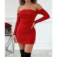 Kadın Uzun Kollu Omuzlardan Açık Takma Kollu Büzgülü Sandy Kısa Elbise