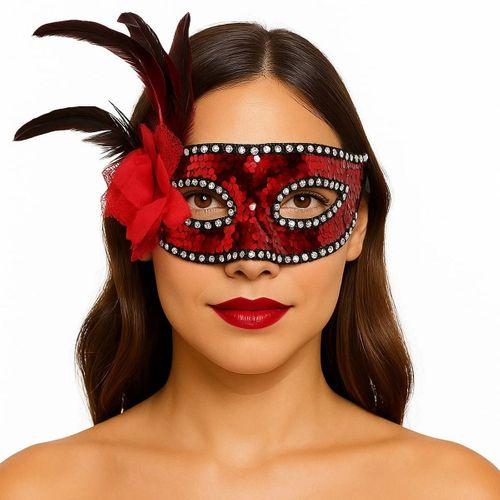 Çocuk Kırmızı Renk Yandan Tüylü Güllü Gümüş Taşlı Pullu Maske 20x22 cm