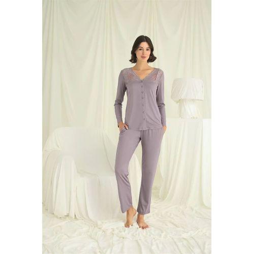 Yakası Kolu Ve Omzu Dantelli Boydan Düğmeli Pijama Takımı