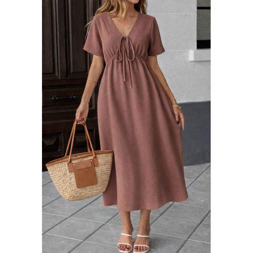 Kadın V Yaka Büzgülü Ip Detay Aerobin Kumaş Elbise