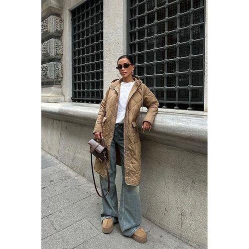 Fermuar Ve Kapşonlu Uzun Kapitone Mont 7062