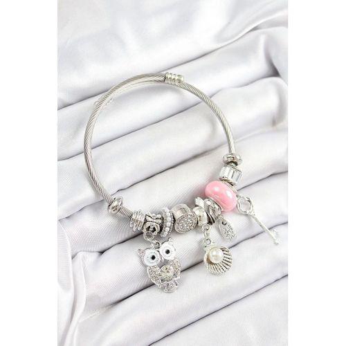 316L Çelik Pembe Zirkon Taşlı Baykuş İstiridye Ve Anahtar Model Gümüş Renk Charm Bileklik