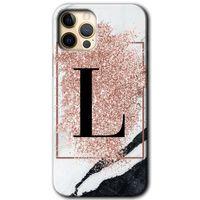 MRCİLETİSİM iPhone 12 Pro Kılıf Baskılı Kapak - Pembe Mermer Desenli L Harfi + 5D Tam Kaplayan Cam