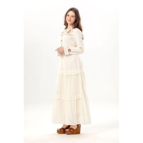 Uzun Kol Zeynep Bisiklet Yaka Nakışlı Uzun Vual Elbise Krem Krm