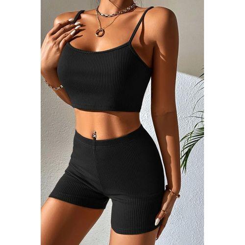 Kadın Siyah Kaşkorse Şortlu Crop Atlet Takım Esnek Kumaş Yüksek Bel