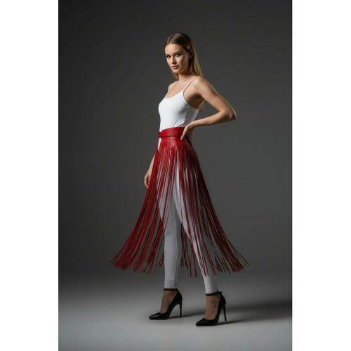 Kırmızı Etek Uzun Püskül Detaylı Etek Suni Deri Etek - Brf1003