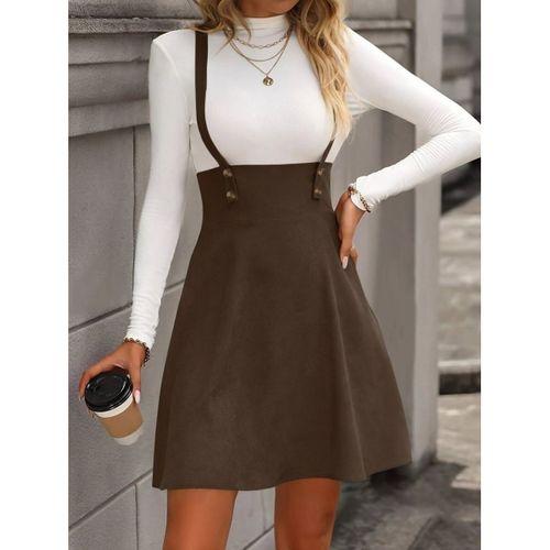 Kadın Askılı Düğmeli Mini Süet Elbise