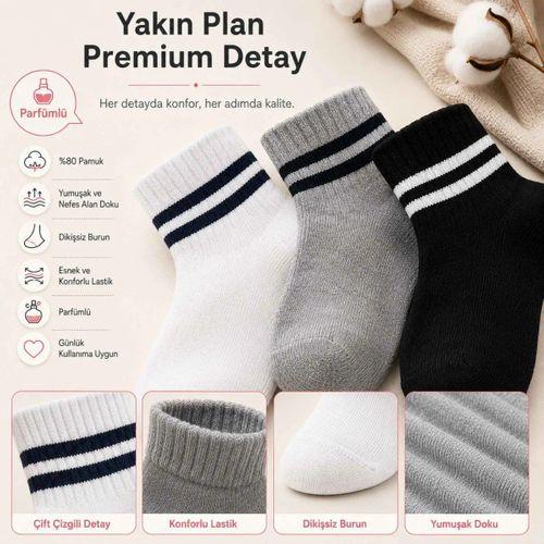 Unisex Çizgili Bilek Çorap 12'li | %80 Pamuklu Dikişsiz Burun, Siyah Beyaz Gri Günlük Spor
