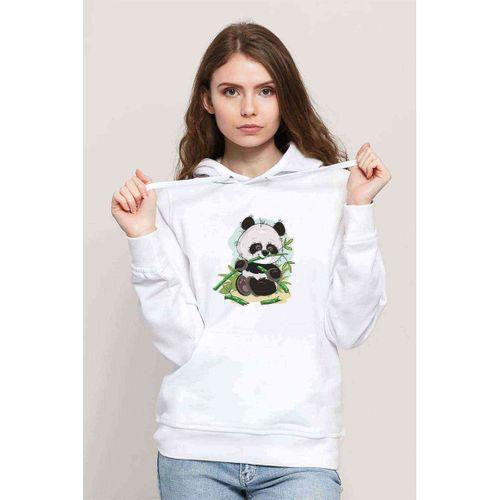 Panda Baskılı Beyaz Kadın Kapşonlu Sweatshirt