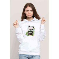 Panda Baskılı Beyaz Kadın Kapşonlu Sweatshirt