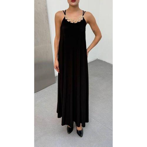 Kadın Omuz Askılı Kuş Gözü Zincir Detay Sandy Kumaş Maxi Boy Elbise