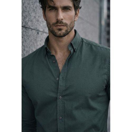 Likralı Regular Fit Nefes Alabilir Klasik Erkek Oxford Gömlek - Çam Yeşili