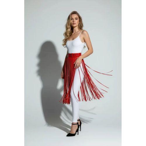Kırmızı Etek Püsküllü Suni Deri Etek Yüksek Bel Etek - Brf1090