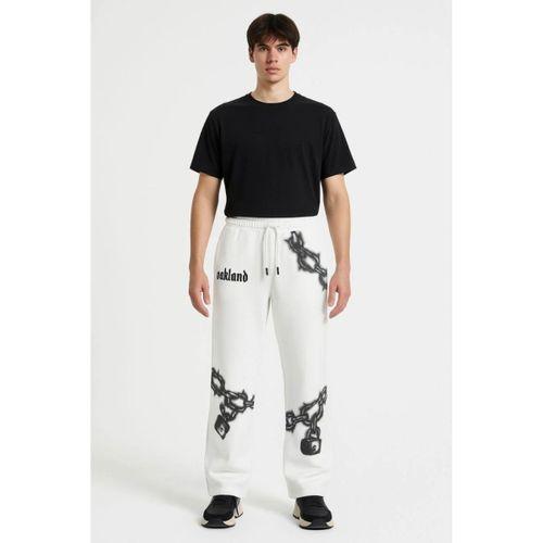 Erkek Üç İplik Pamuklu Baskılı Cepli Jogger Buggy Pantalon Oversize Kalıp - Beyaz