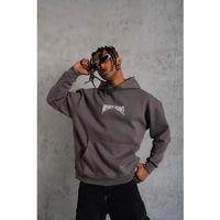 Erkek Kordon İpli Baskılı Kapüşonlu Sweatshirt - Füme