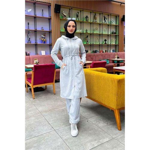 Kapşonlu Belden Bağlamalı Fermuarlı Sade Basic Uzun Tunik ve Pantolon İkili Spor Takım - 03065.008 - Gri
