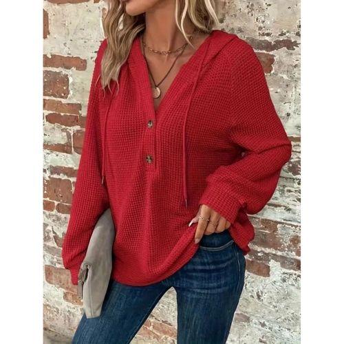 Kadın Uzun Kollu Kapşonlu önü Düğmeli Ve Bağcıklı Waffle Bluz