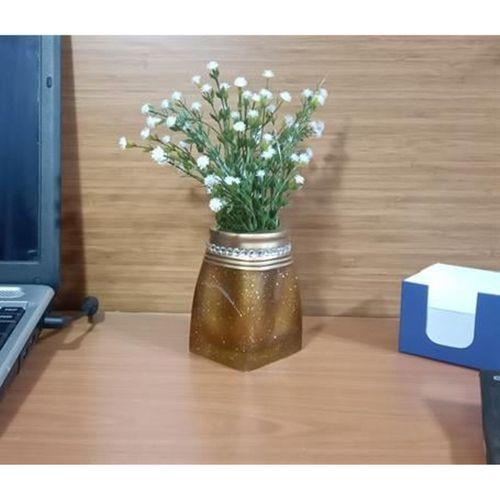 2 Adet Vazo Dahil,Vazoda Çiçek,Beyaz Yapay Çiçek,Vazo Dekoratif Taşlı Altın Poliresin 7X7X15Cm