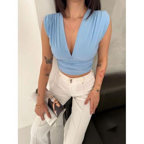 Vatkalı Kolsuz V Yaka Drapeli Crop Bluz Likralı Fit - Bebek Mavisi