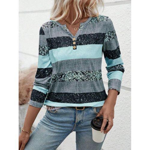 Kadın Uzun Kollu Yakadan Düğmeli çizgili Desenli Süprem Bluz