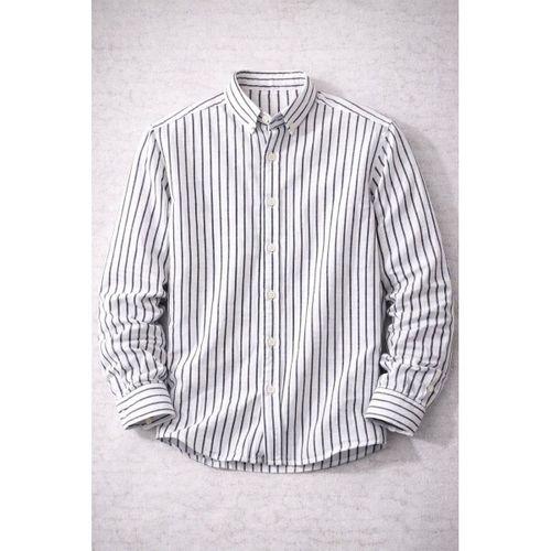 Nefes Alabilir Zarif Günlük Carina Çizgili Pamuklu Erkek Gömlek - Beyaz/Siyah