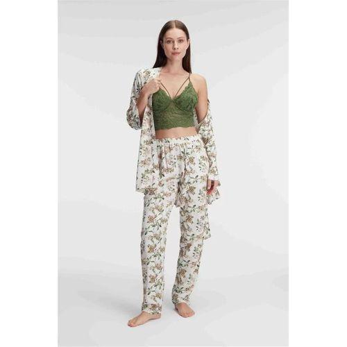 İp Askılı V Yaka Çiçek Desenli Yazlık Dokuma Dantel Detaylı Sabahlık Pijama Takımı