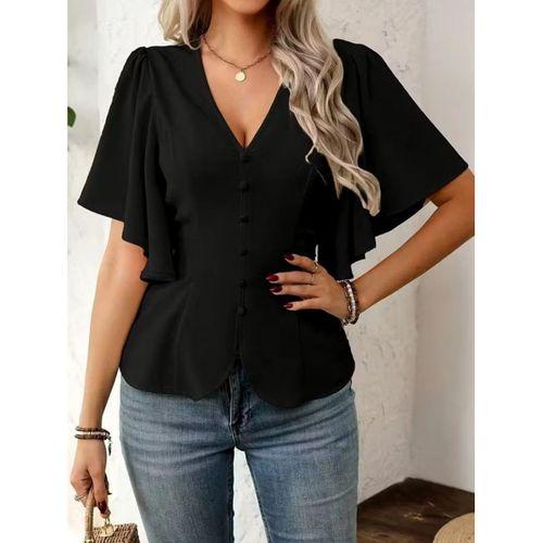 Kadın Kısa Kollu önden Düğmeli Ithal Krep Bluz