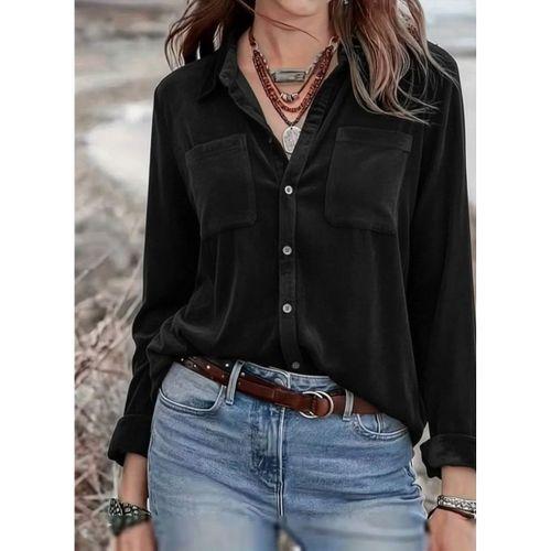 Kadın Uzun Kollu Yakalı önden Düğmeli Cep Detaylı Kadife Gömlek