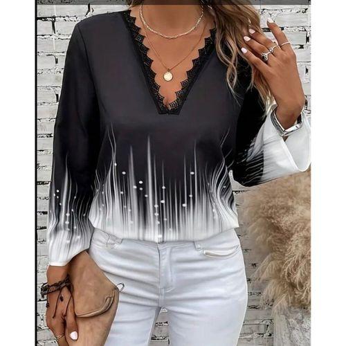 Kadın Uzun Kollu V Dantel Yaka Desenli Modal Bluz