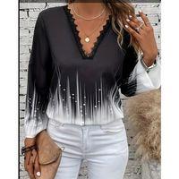 Kadın Uzun Kollu V Dantel Yaka Desenli Modal Bluz