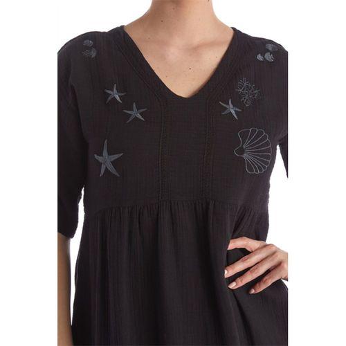 Kısa Kol Siyah V Yaka Nakışlı Midi Boy Müslin Yazlık Elbise