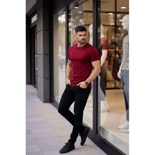 Erkek T-Shirt Bisiklet Yaka Slim Fit Dar Kesim Likralı Tişört Günlük Basic Body - Bordo