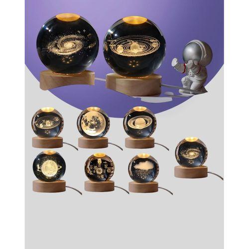 Samanyolu Desenli Kristal Küre Ahşap Standlı Gün Işığı Led Masa Lambası