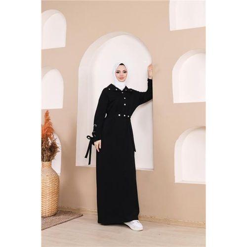 Belden Bağlamalı Çıtçıtlı Kol Şerit Detaylı Uzun Elbise - 71183.003 - Siyah