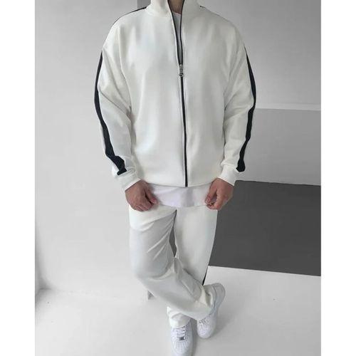 Erkek Scuba Kumaş Oversize Şerit Detaylı Fermuarlı Alt Üst Eşofman Takımı - Beyaz