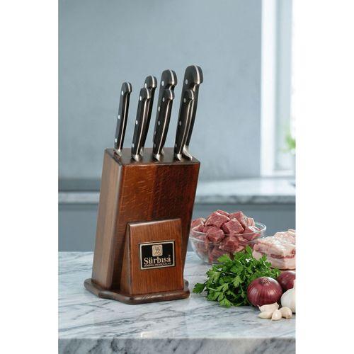 Sürmene Şef Mutfak Bıçak Seti Eskitme Ahşap Kütüklü Standlı Sıcak Dövme Bıçağı Set 7 Parça Sürbisa 61509