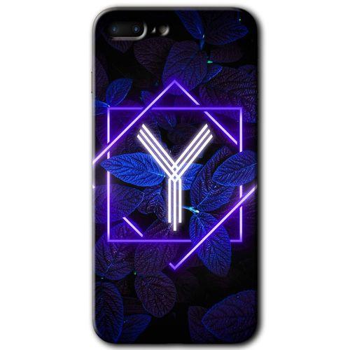MRCİLETİSİM iPhone 8 Plus Kılıf HD Desen Baskılı Arka Kapak + Temperli Cam - Dark Neon Yaprak Y Harfi