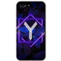 MRCİLETİSİM iPhone 8 Plus Kılıf HD Desen Baskılı Arka Kapak + Temperli Cam - Dark Neon Yaprak Y Harfi