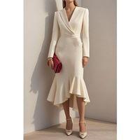 Kadın Uzun Kollu Yakalı Belden Oturtmalı Midi Ithal Krep Elbise