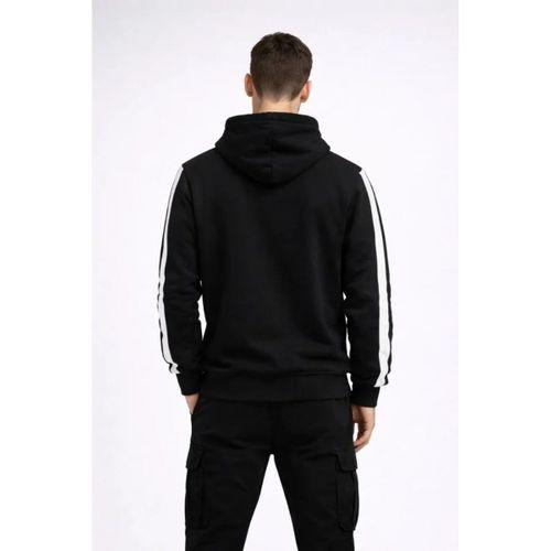 Erkek Şeritli Kapüşonlu Sweatshirt Oversize 3 Iplik Pamuklu - Siyah